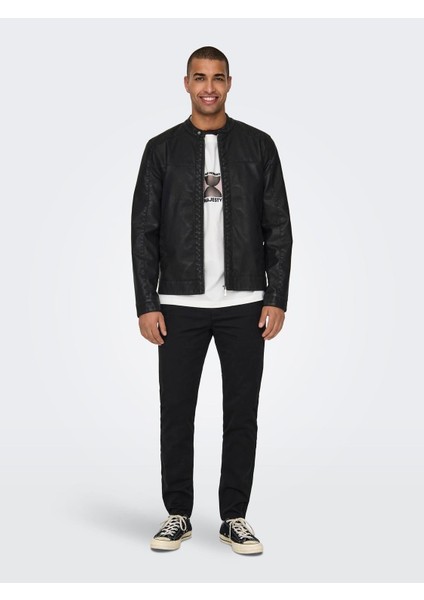 Only & Sons Onsmıke Pu Racer Jacket Otw Vd Noos Erkek Deri Mont ve Ceket 22012339 Black