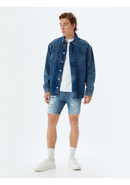 Slim Fit Kot Şort Bermuda Cepli Yıpratma Detaylı Pamuklu