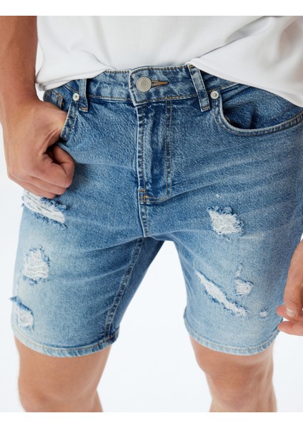 Slim Fit Kot Şort Bermuda Cepli Yıpratma Detaylı Pamuklu