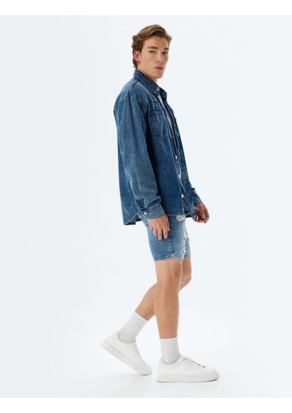 Slim Fit Kot Şort Bermuda Cepli Yıpratma Detaylı Pamuklu