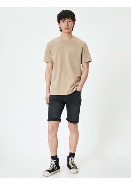Yırtık Kot Şort Bermuda Slim Fit Katlı Paça Düğmeli