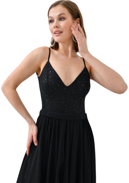 Şifon Üstü Pullu Kadın Abiye Elbise - Sırtı Çapraz Dantel ve Düğme Detaylı Eteği Kat Kat Belde Kordonlu 9348 fiyatları