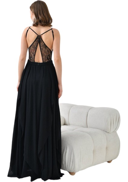 Şifon Üstü Pullu Kadın Abiye Elbise - Sırtı Çapraz Dantel ve Düğme Detaylı Eteği Kat Kat Belde Kordonlu 9348 modelleri