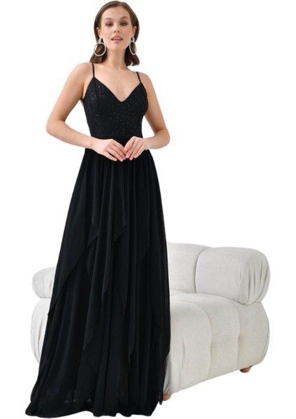 Şifon Üstü Pullu Kadın Abiye Elbise - Sırtı Çapraz Dantel ve Düğme Detaylı Eteği Kat Kat Belde Kordonlu 9348 fırsatları