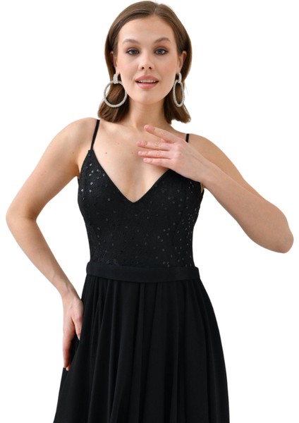 Şifon Üstü Pullu Kadın Abiye Elbise - Sırtı Çapraz Dantel ve Düğme Detaylı Eteği Kat Kat Belde Kordonlu 9348 indirimleri