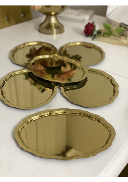 Elzem Tepsi 20*25 cm Parlak Gold Oval Model 6 Adet Servis ve Sunum Tepsisi