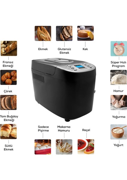 Ekmek Pişirme Reçel Yoğurt Yapma Makinesi 3 Farklı Pişirme Seviyesi 15 Otomatik Programlı Inox Gövdeli 1500 gr Kapasite 45 Tarifli Kitapçıklı modelleri