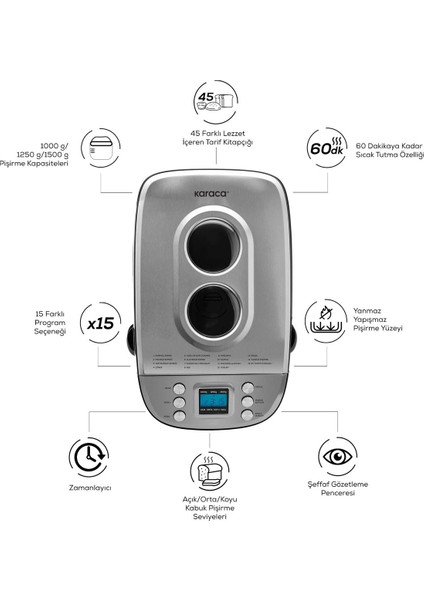 Ekmek Pişirme Reçel Yoğurt Yapma Makinesi 3 Farklı Pişirme Seviyesi 15 Otomatik Programlı Inox Gövdeli 1500 gr Kapasite 45 Tarifli Kitapçıklı fırsatları