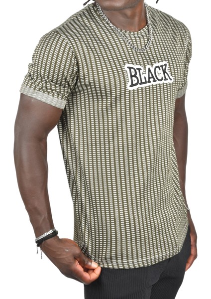 Desenli Önü Black Yazı Işlemeli Dar Kesim T-Shirt 2403197