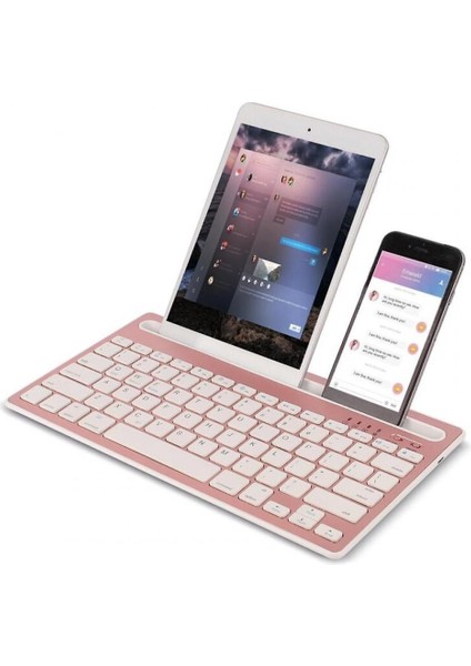 Vorcom Quartzlite 10.1" Uyumlu Kablosuz Bluetooth Şarj Edilebilir Tablet Telefon Standlı Klavye - Pembe