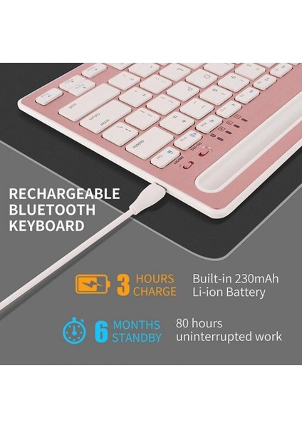 Vorcom Quartzlite 10.1" Uyumlu Kablosuz Bluetooth Şarj Edilebilir Tablet Telefon Standlı Klavye - Pembe