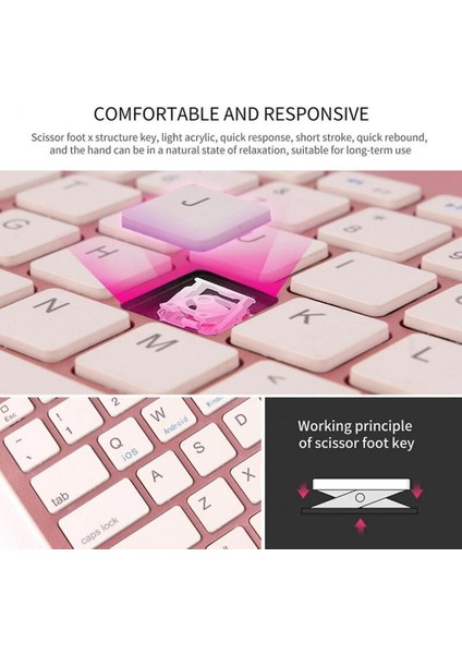 Vorcom Quartzlite 10.1" Uyumlu Kablosuz Bluetooth Şarj Edilebilir Tablet Telefon Standlı Klavye - Pembe