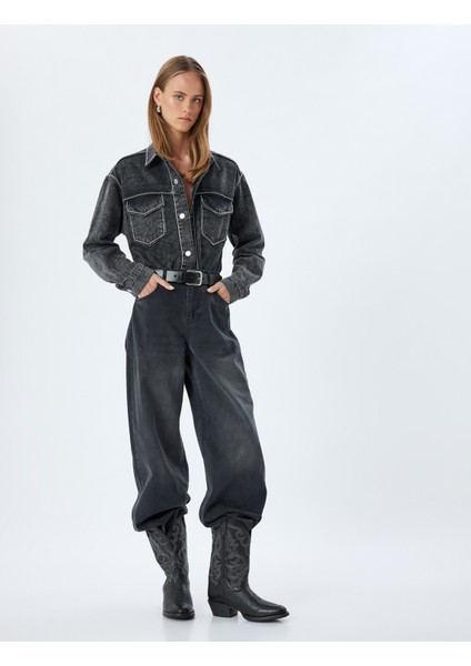 Bol Kot Pantolon Standart Bel Düğmeli Yıkamalı - Loose Straight Fit Jean