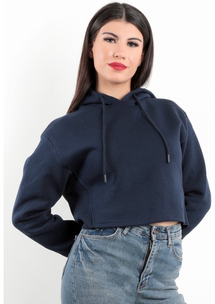 Kadın Kapüşonlu Crop Sweatshirt Ribana Detaylı Oversize Üç İp Lacivert Hoodie - 2543