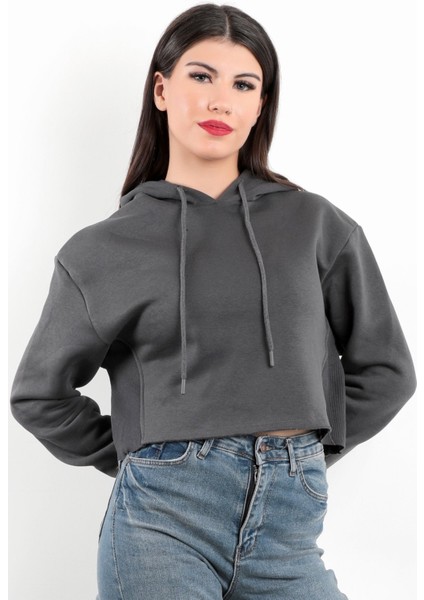 Kadın Kapüşonlu Crop Sweatshirt Ribana Detaylı Oversize Üç İp Füme Hoodie - 2543