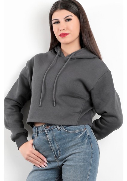 Kadın Kapüşonlu Crop Sweatshirt Ribana Detaylı Oversize Üç İp Füme Hoodie - 2543