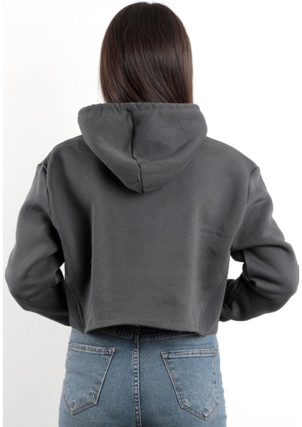 Kadın Kapüşonlu Crop Sweatshirt Ribana Detaylı Oversize Üç İp Füme Hoodie - 2543