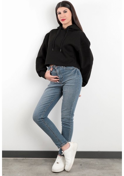 Kadın Kapüşonlu Crop Sweatshirt Ribana Detaylı Oversize Üç İp Siyah Hoodie - 2543