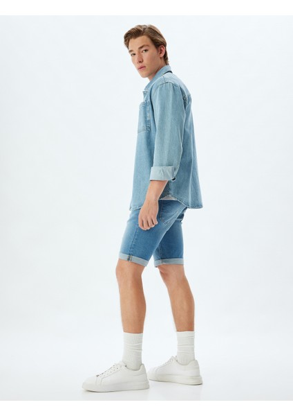 Slim Fit Kot Şort Bermuda Cep Detaylı Pamuklu