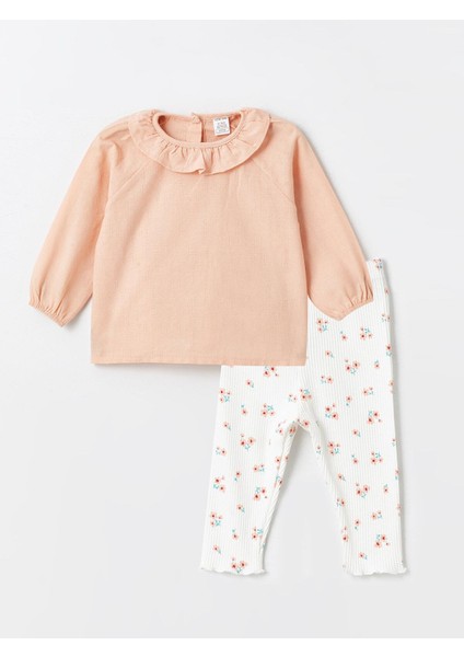 Baby Bebe Yaka Uzun Kollu Baskılı Kız Bebek Bluz ve Tayt 2'li Takım