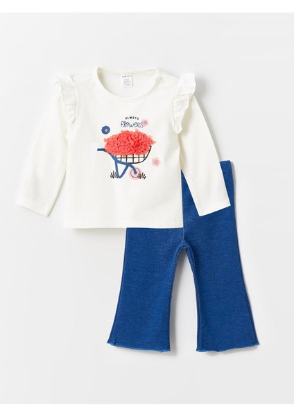 Baby Bisiklet Yaka Uzun Kollu Baskılı Kız Bebek Bluz ve Tayt Pantolon 2'li Takım