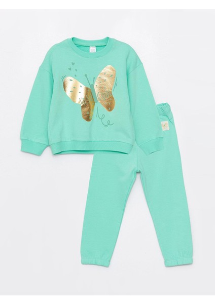 Baby Bisiklet Yaka Uzun Kollu Kız Bebek Sweatshirt ve Eşofman Alt 2'li Takım