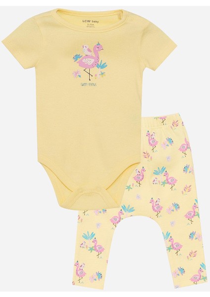 Baby Bisiklet Yaka Kısa Kollu Kız Bebek Çıtçıtlı Body ve Pantolon 2'li Takım