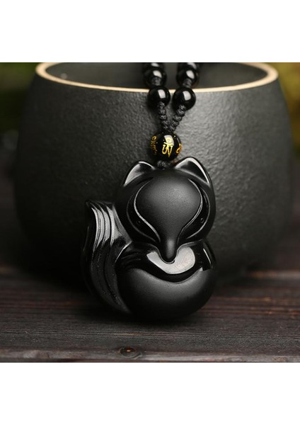 AL2317-KAPLAN Vintage Obsidyen Oyma Tilki Muska Kolye Boncuk Zincir Kolye Unisex Evrensel Takı Hediye Kolye Wome Için (Yurt Dışından)