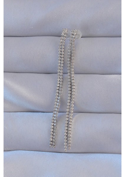 Pirinç Gümüş Renk Zirkon Taşlı Su Yolu Model Küpe