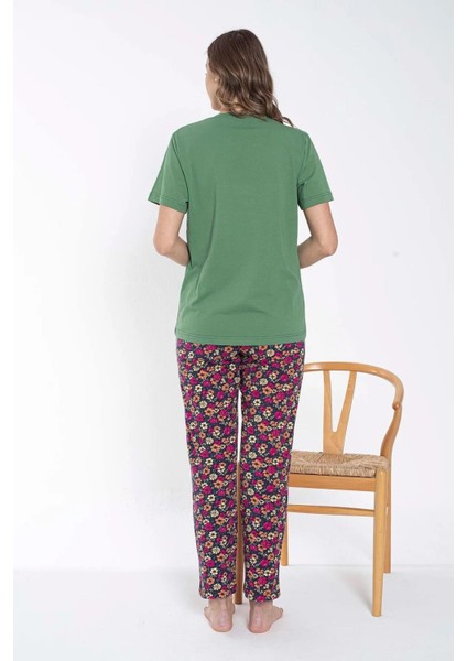 Kadın Bisiklet Yaka Çiçek Desenli Pijama Takımı 6032 -1 Adet