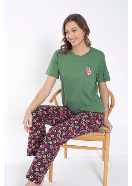 Kadın Bisiklet Yaka Çiçek Desenli Pijama Takımı 6032 -1 Adet