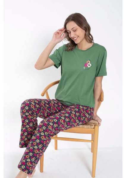Kadın Bisiklet Yaka Çiçek Desenli Pijama Takımı 6032 -1 Adet