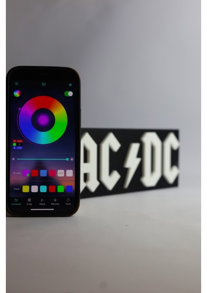 Ac/Dc - Rgb Led Işıklı 3 Boyutlu Tabela - 20 cm x 8 cm x 2 cm (Bluetooth Kontrollü)