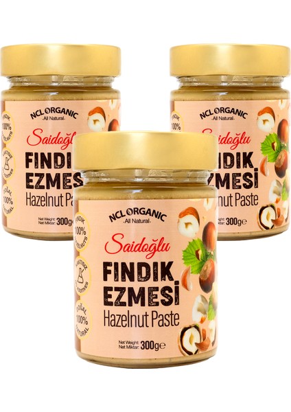Nclorganıc Saidoğlu Hazelnut Paste %100 Katkısız Şekersiz 300GR x 3 Adet / Hazelnut Paste %100 Natural No Additives No Sugar 300GR x 3