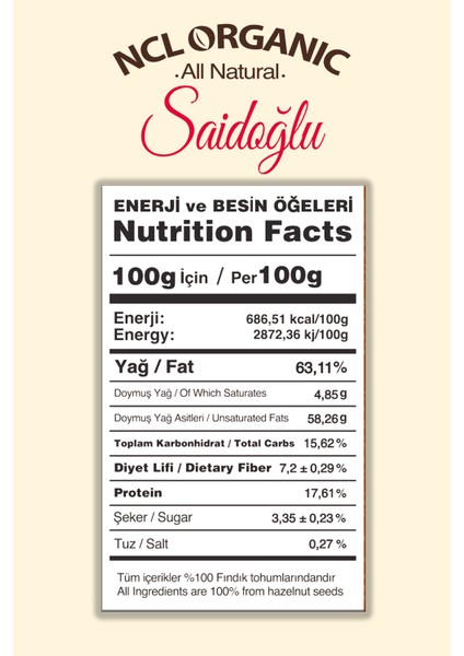 Nclorganıc Saidoğlu Hazelnut Paste %100 Katkısız Şekersiz 300GR x 3 Adet / Hazelnut Paste %100 Natural No Additives No Sugar 300GR x 3