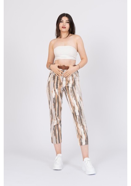 Kemerli Kot Gabardin Kumaş Desenli Trend Pantolon