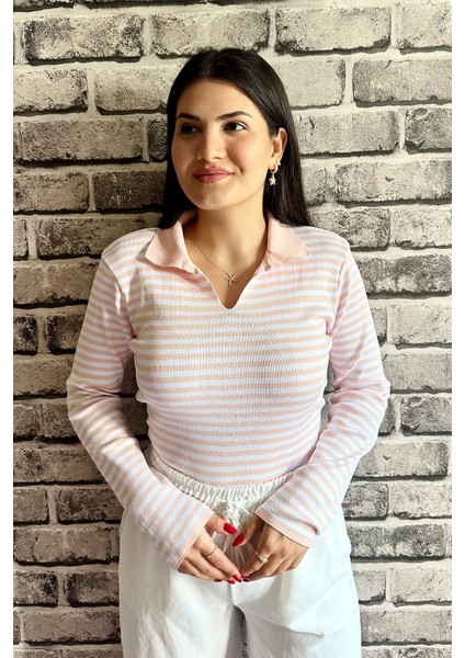 Pembe Renk Detaylı Polo Yaka Standart Beden Kadın Kazak