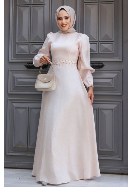 Boncuk Detaylı Pudra Tesettür Abiye Elbise 23301PD