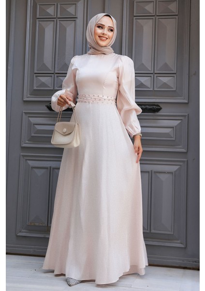 Boncuk Detaylı Pudra Tesettür Abiye Elbise 23301PD fiyatları