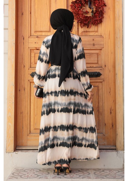Desenli Siyah Tesettür Elbise 23551S
