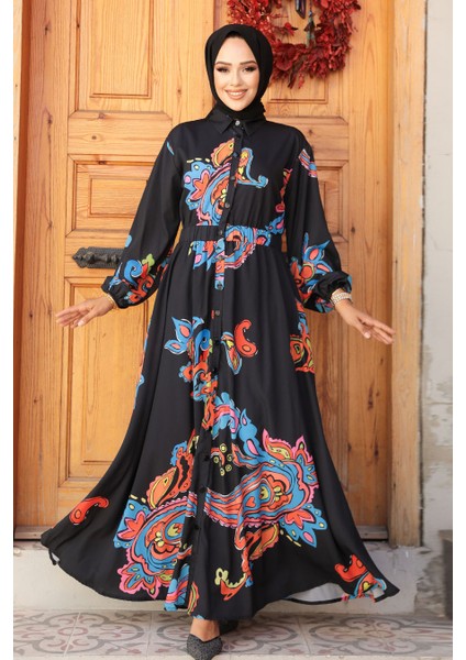 Desenli Gri Tesettür Elbise 23441S