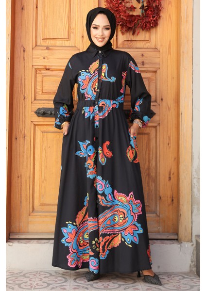 Desenli Gri Tesettür Elbise 23441S fiyatları