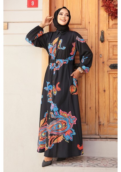 Desenli Gri Tesettür Elbise 23441S modelleri