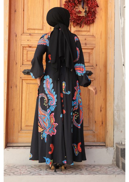 Desenli Gri Tesettür Elbise 23441S fırsatları