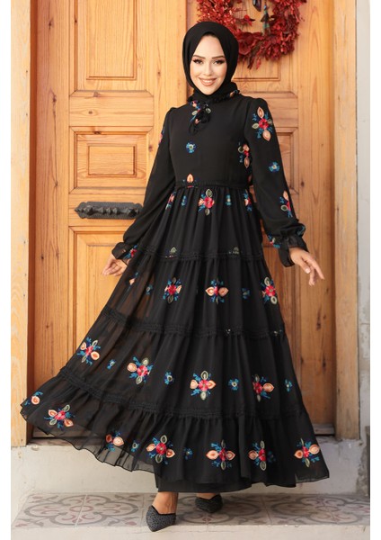 Nakış Desenli Siyah Tesettür Elbise 45541S