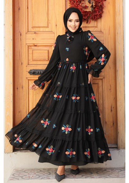Nakış Desenli Siyah Tesettür Elbise 45541S fiyatları