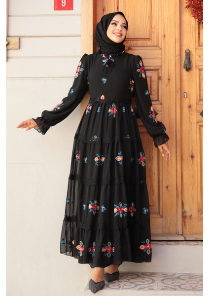 Nakış Desenli Siyah Tesettür Elbise 45541S modelleri
