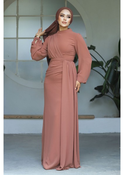 Drape Detaylı Taba Tesettür Abiye Elbise 5711TB