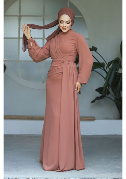 Drape Detaylı Taba Tesettür Abiye Elbise 5711TB