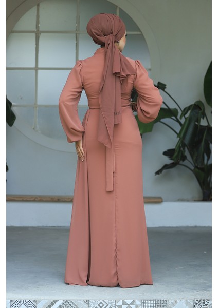 Drape Detaylı Taba Tesettür Abiye Elbise 5711TB